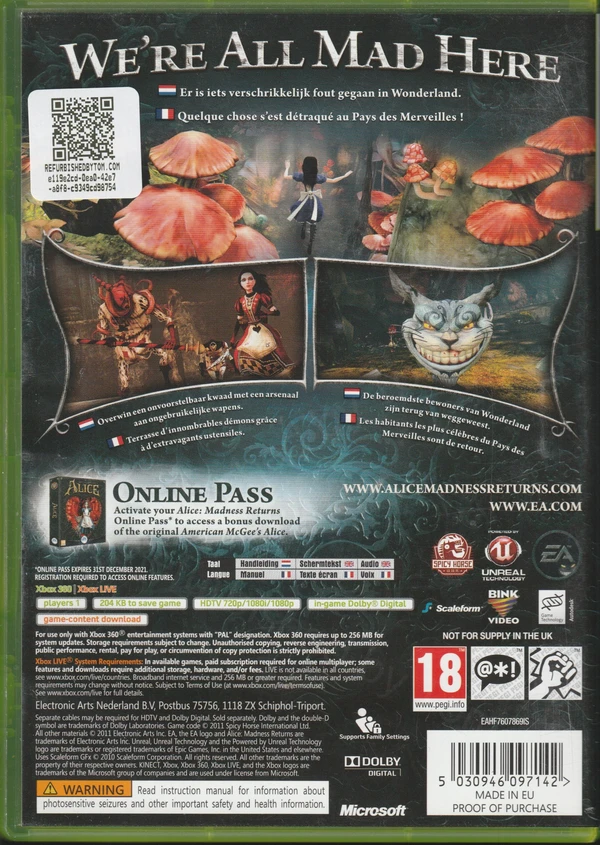 Alice: Madness Returns (Xbox 360) (achterkant) Alice: Madness Returns (Xbox 360) (achterkant)