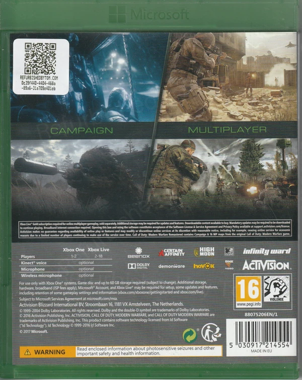 Call of Duty: Modern Warfare Remastered: Remastered (Xbox One) (achterkant)
