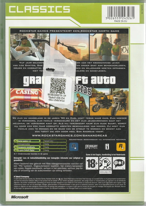 Grand Theft Auto: San Andreas (Xbox Original) (achterkant) Grand Theft Auto: San Andreas (Xbox Original) (achterkant)