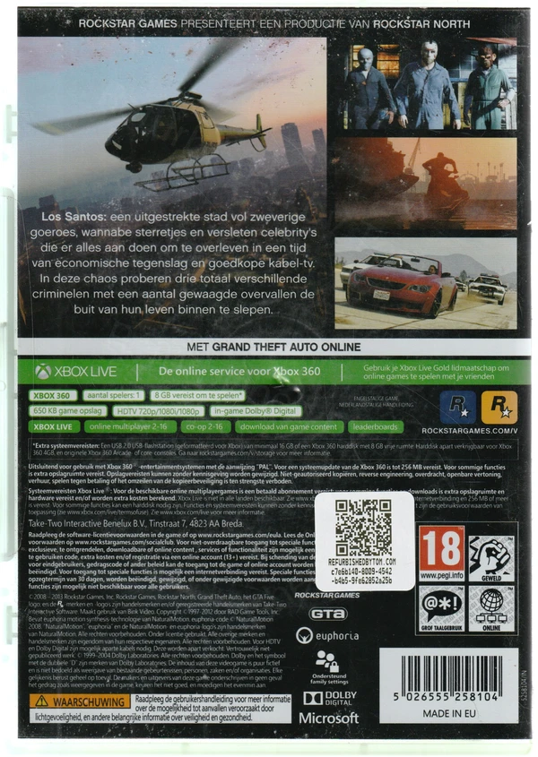 Grand Theft Auto V (Xbox 360) (achterkant) Grand Theft Auto V (Xbox 360) (achterkant)