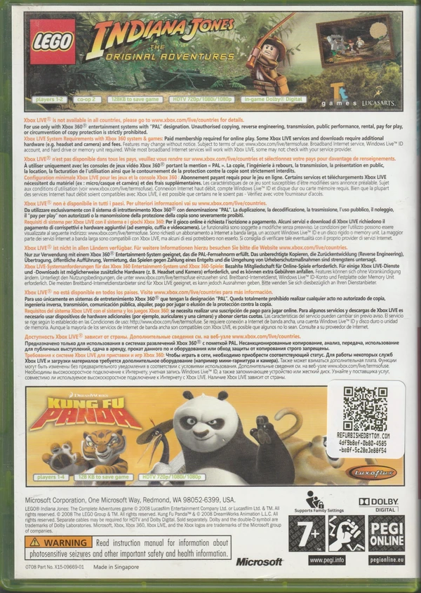 LEGO Indiana Jones: The Original Adventures / Kung Fu Panda (Xbox 360) (achterkant) LEGO Indiana Jones: The Original Adventures / Kung Fu Panda (Xbox 360) (achterkant)
