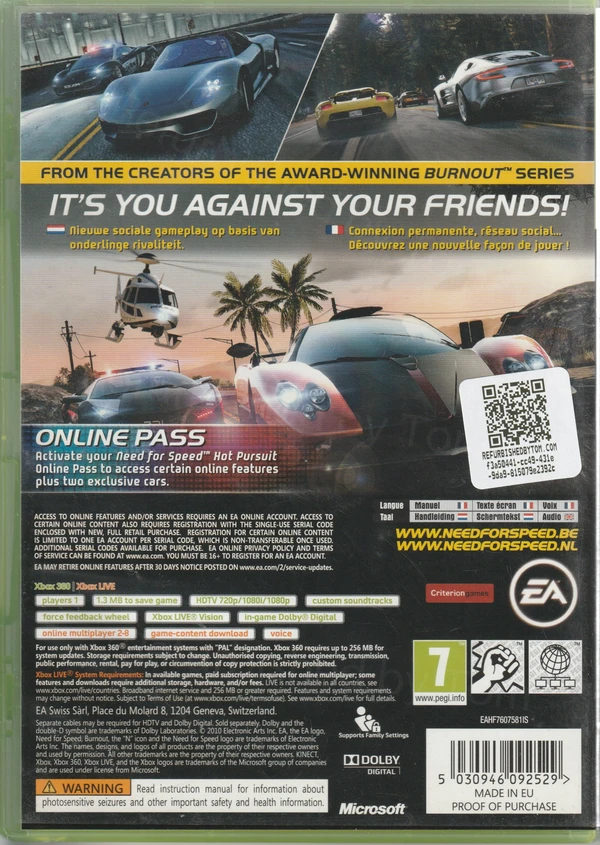 Need for Speed: Hot Pursuit (Xbox 360) (achterkant) Need for Speed: Hot Pursuit (Xbox 360) (achterkant)