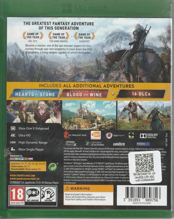 The Witcher 3: Wild Hunt: Game of the Year Edition (Xbox One) (achterkant)