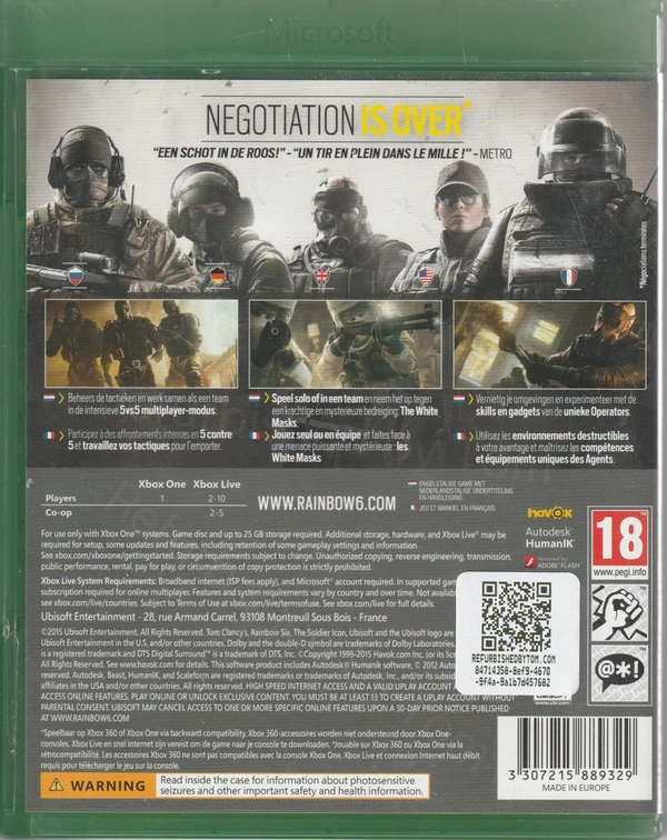 Tom Clancy's Rainbow Six Siege (Xbox One) (achterkant)