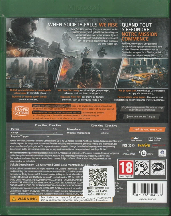 Tom Clancy's The Division (Xbox One) (achterkant)